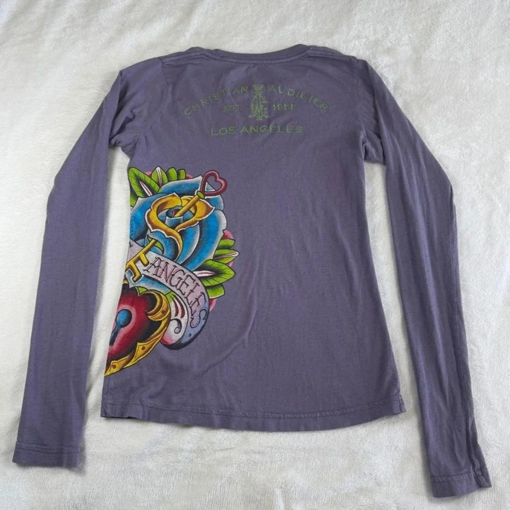 Rare grail Christian Audigier‎ Ed Hardy purple cash graphic top y2k vintage